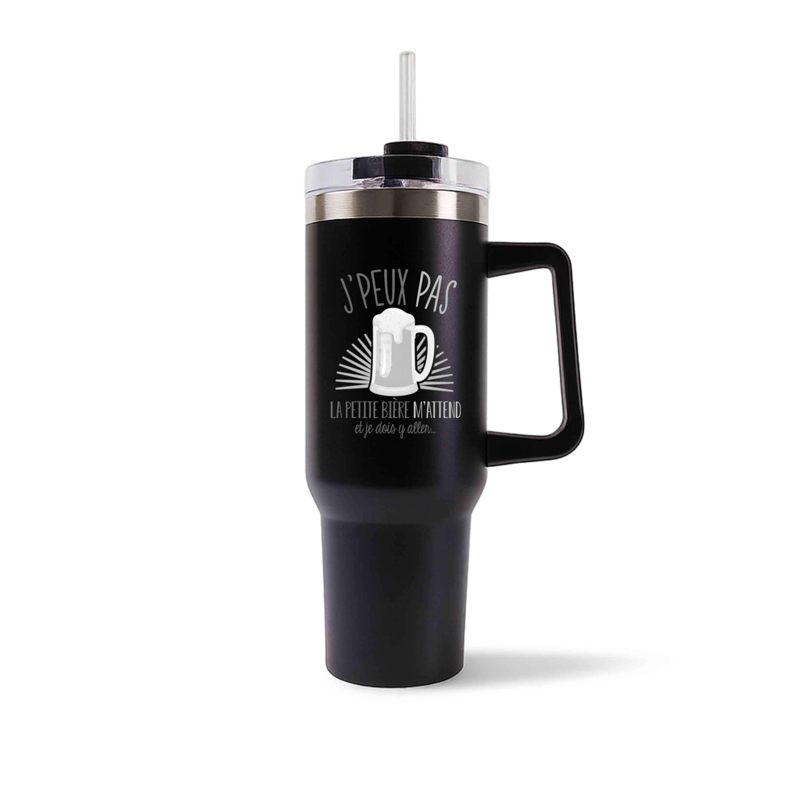 Planetee Mug Isotherme 1,2L - Je peux pas petite bière Noir – Bouteille avec Anse, Paille et Couvercle – Idée Cadeau Gourde Personnalisée
