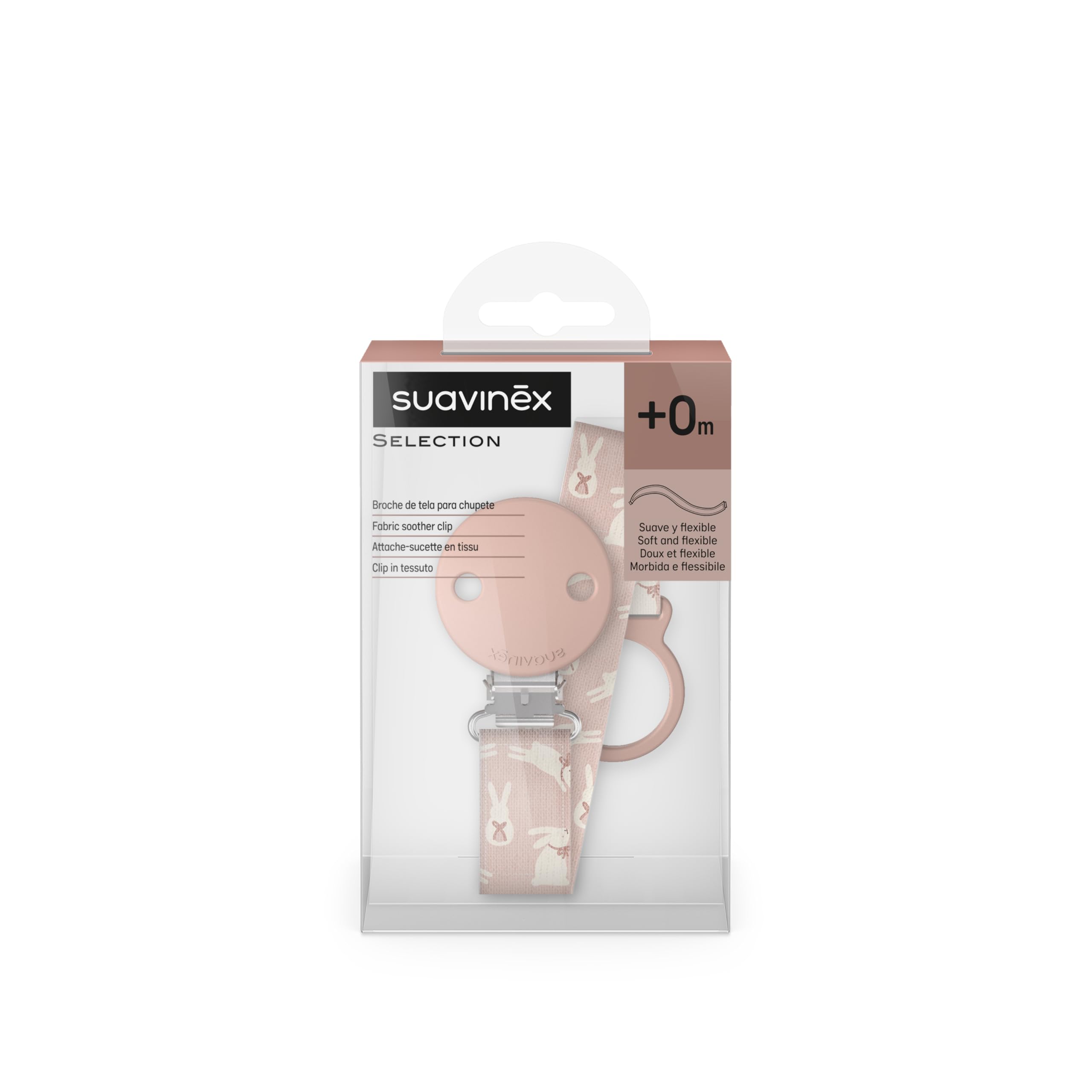 Suavinex, Portaciuccio in tessuto per neonati, Nastro con disegno double-face, Catenella per ciuccio, Clip con fermaglio, per ciucci con anello. +0 mesi, adatto ai neonati, Wonder Coniglietti Rosa
