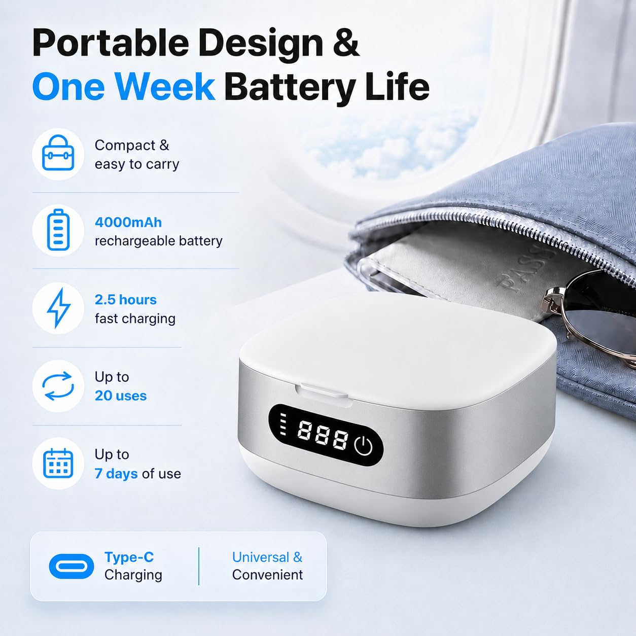 Voraiya Nettoyeur Ultrasons pour Gouttière Dentaire, Dental Pod Compact et Silencieux, Batterie 4000 mAh, IPX7 Étanche, Réservoir 166 ml, pour Aligneur, Appareil Dentaire