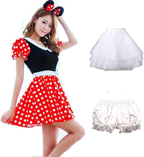 Amazon Eleeje ディズニー ミニーちゃん 風 衣装 コスプレ 水玉 ワンピース 大人 ハロウィン コスチューム パニエ ドロワーズ 付き めいめい屋オリジナル 新 コスプレ 仮装 通販