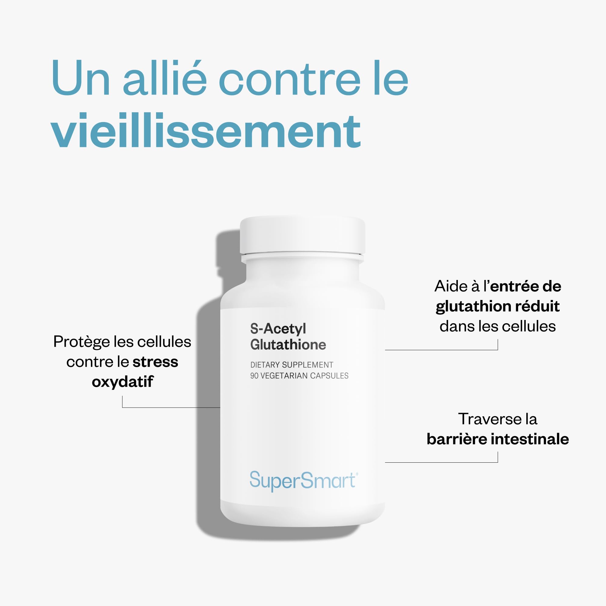 S-Acetyl Glutathione (GSH) - Formule Innovante - Vegan - SuperSmart | Contribue à Lutter contre le Stress Oxydatif - Plus Assimilable et Actif que le Glutathion - Biodisponibilité Maximale