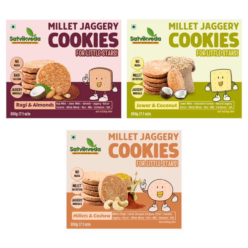 Satvikveda Millet Jaggery Cookies - Combo Pack of 3 | Ragi Almonds 200g, Jowar Coconut 200g & Millets Cashew 200g Biscuits | Clean & Nutritious Snacks for Kids & Adults | Junk free | Rich in Vitamins (B0D45SXW1L) Amazon Price History, Amazon Price Tracker