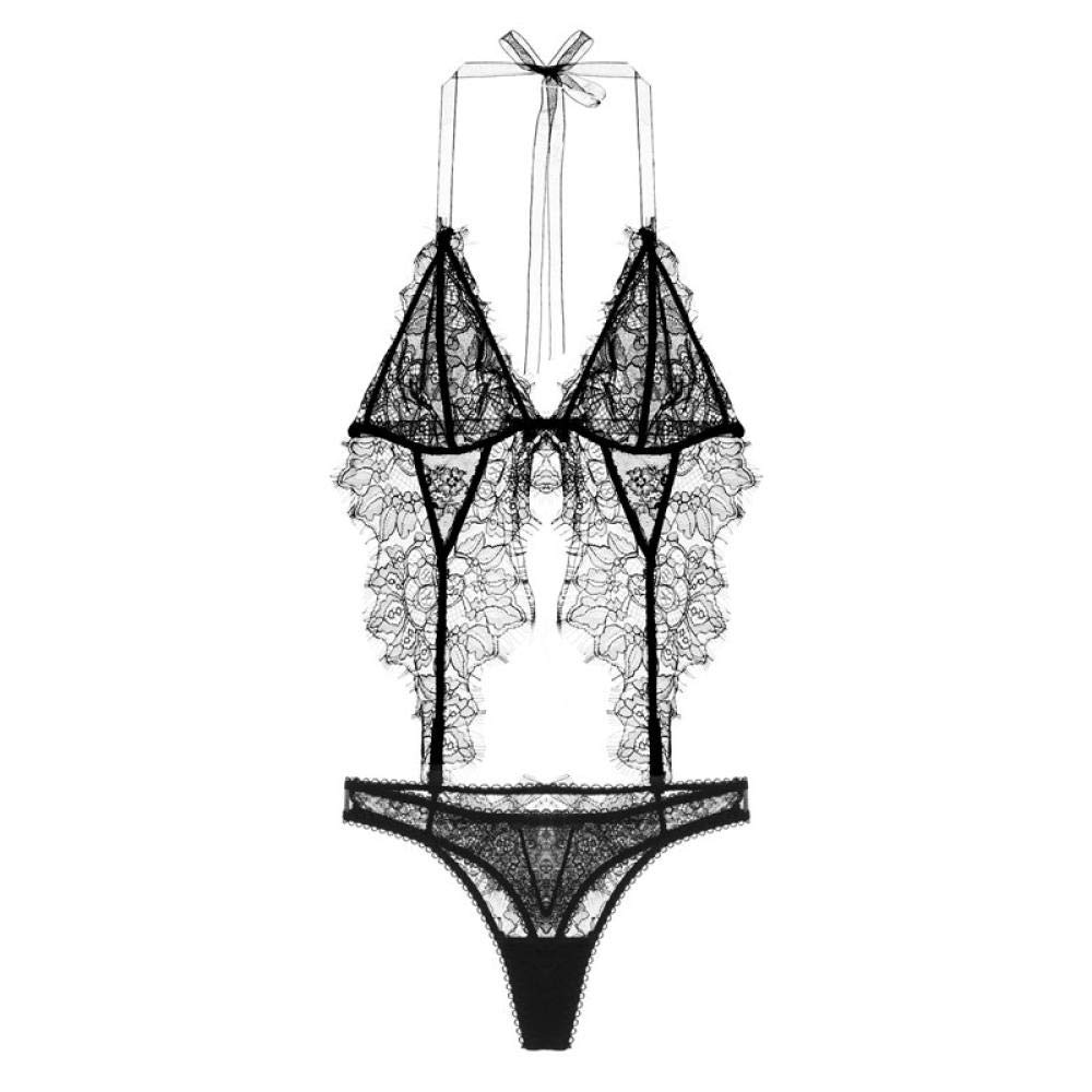 Conjuntos de bata y ropa de dormir para mujer Nuevo conjunto de ropa interior de sujetador de una pieza de encaje hueco fino tentación femenina cuello colgante pijama en V profundo (talla única negra