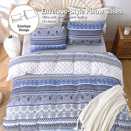 Image of Lekesky Boho Queen Size Duvet Cover Set, Boho Blue Retro Comforter Cover Queen Size Floral Striped Printed, Luxury Soft Microfiber Bedding Set with Zipper Ties