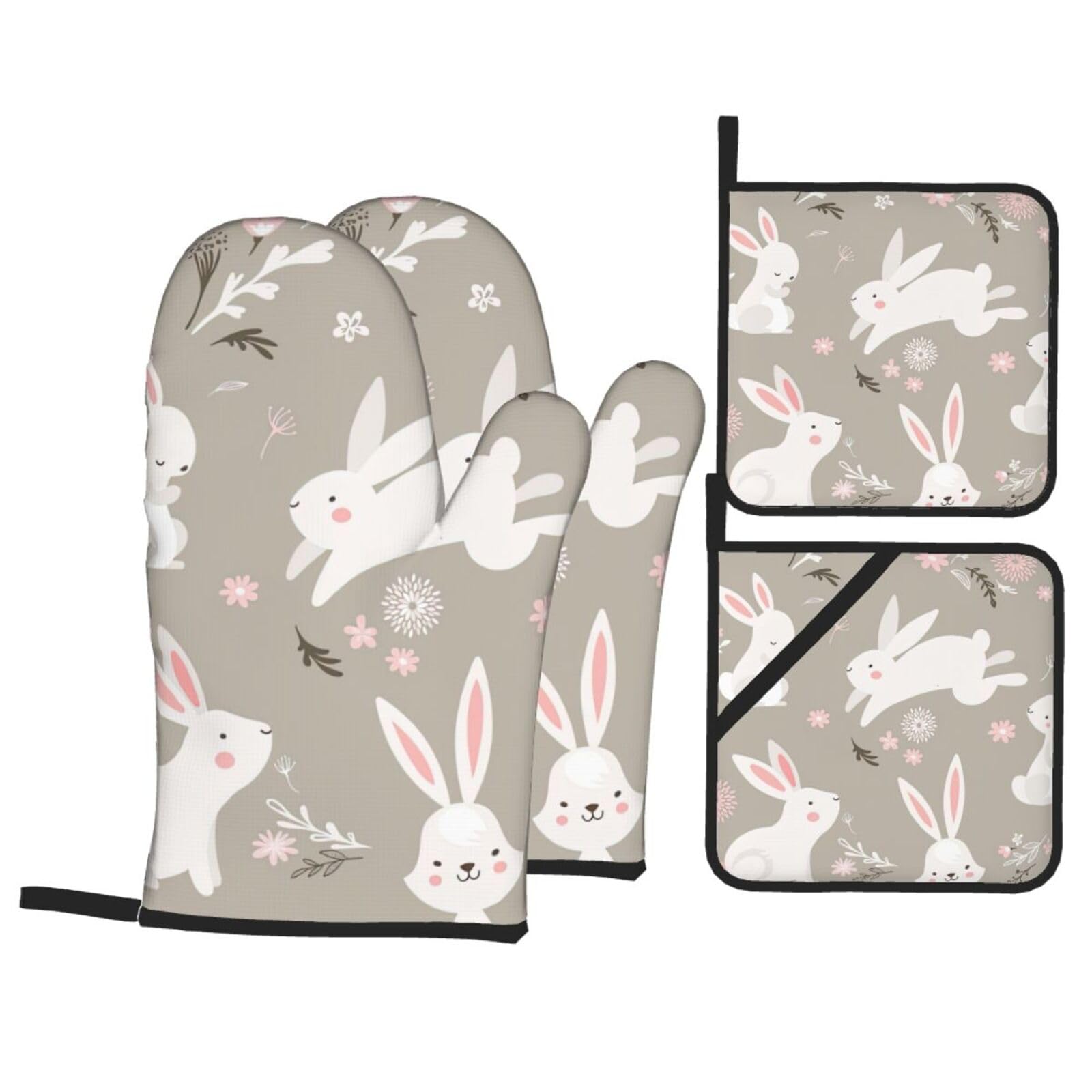 Easter Bunny Floral Print 4-Piece Oven Microwaving Set Waterproof Kitchen Gloves for Baking Grilling Cooking