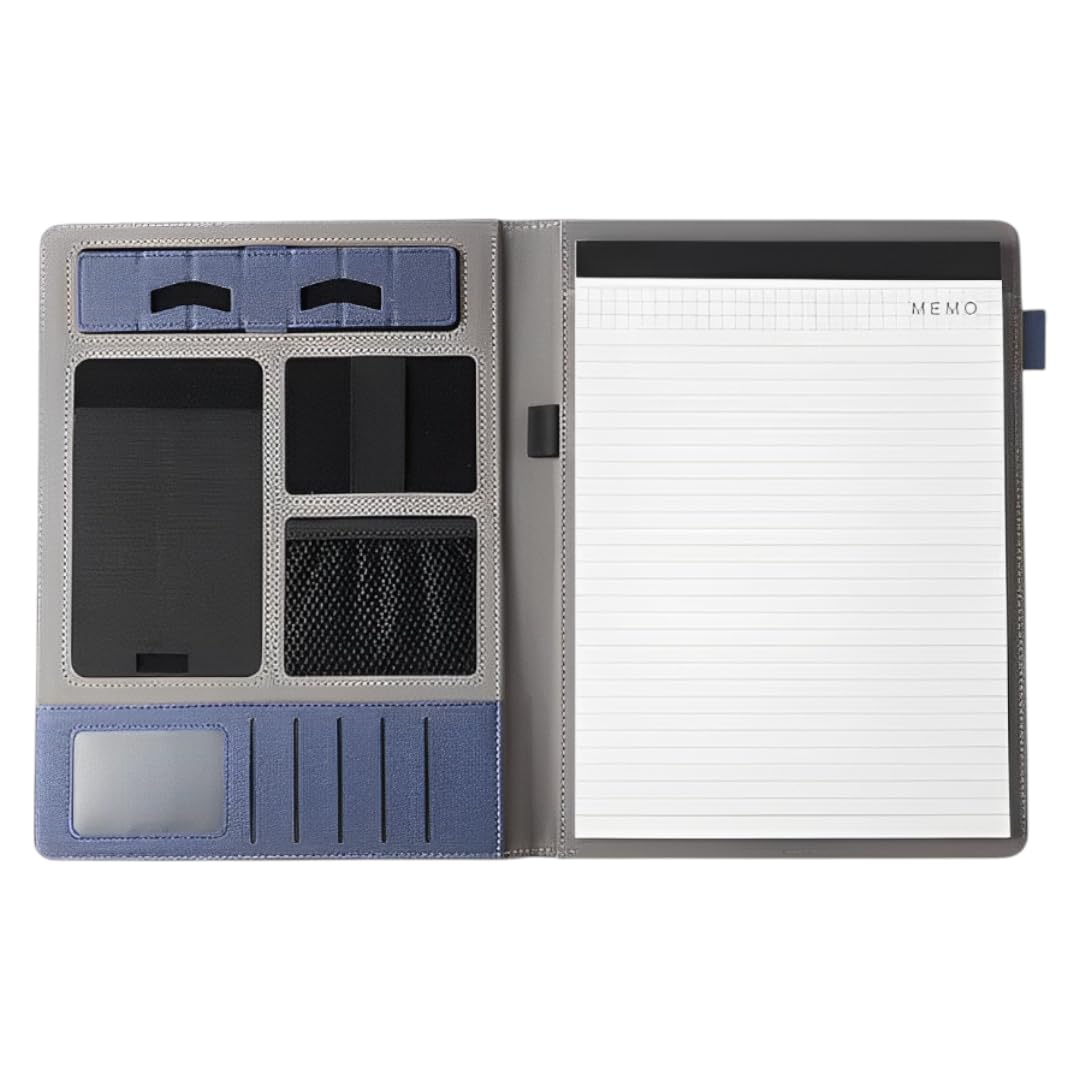 Oddpod™ A4 Magnetic Padfolio Folder/PU Leather Vegan Portfolio with Notebook & Multi-Function Business Organiser with Storage Space for Calculator, Cards, Mobile Holder Stand and Accessories - Blue