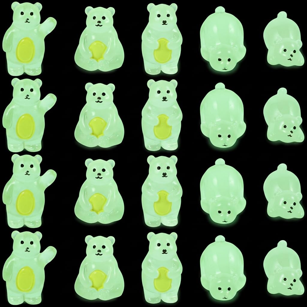 SUPVOX 20Pcs Miniature Cartoon Luminous Bear Figurines Resin Decor for Desktop Garden Balcony Diy Small Animal Ornaments Bulk Set