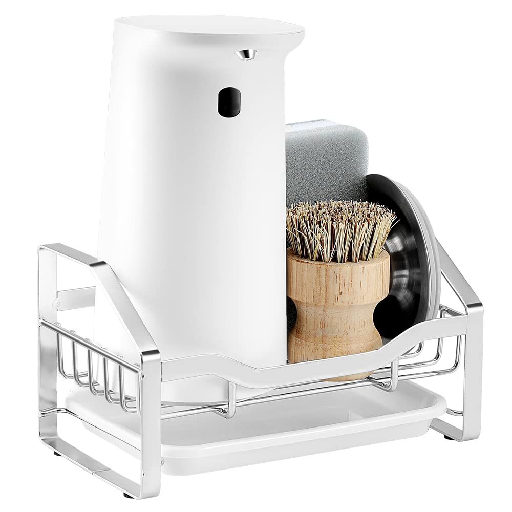 FunMacchi Kitchen Sink Caddy Organiser, Stainless Steel Sponge Holder with Drip Tray (Silver)