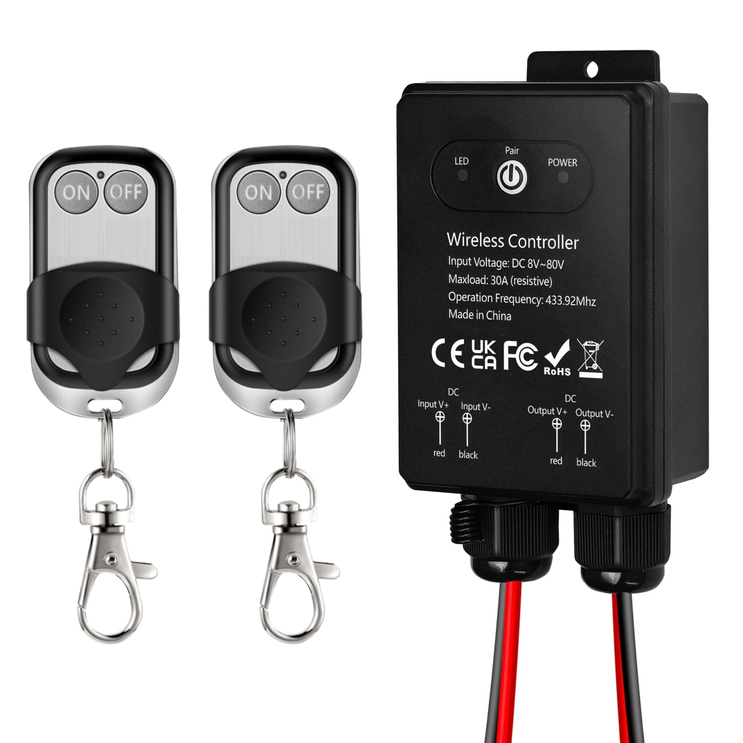 Commutateur à télécommande étanche, 12V/24V/48V/72V DC, Commutateur sans fil, Relais 30A avec portée longue de 50m, luminaires, ventilateurs de plafond et appareils électriques, zones humides