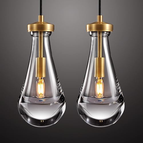Juego de dos lámparas colgantes de gota de lluvia, iluminación colgante de vidrio de latón, luces colgantes de lágrimas, isla de cocina, lámpara