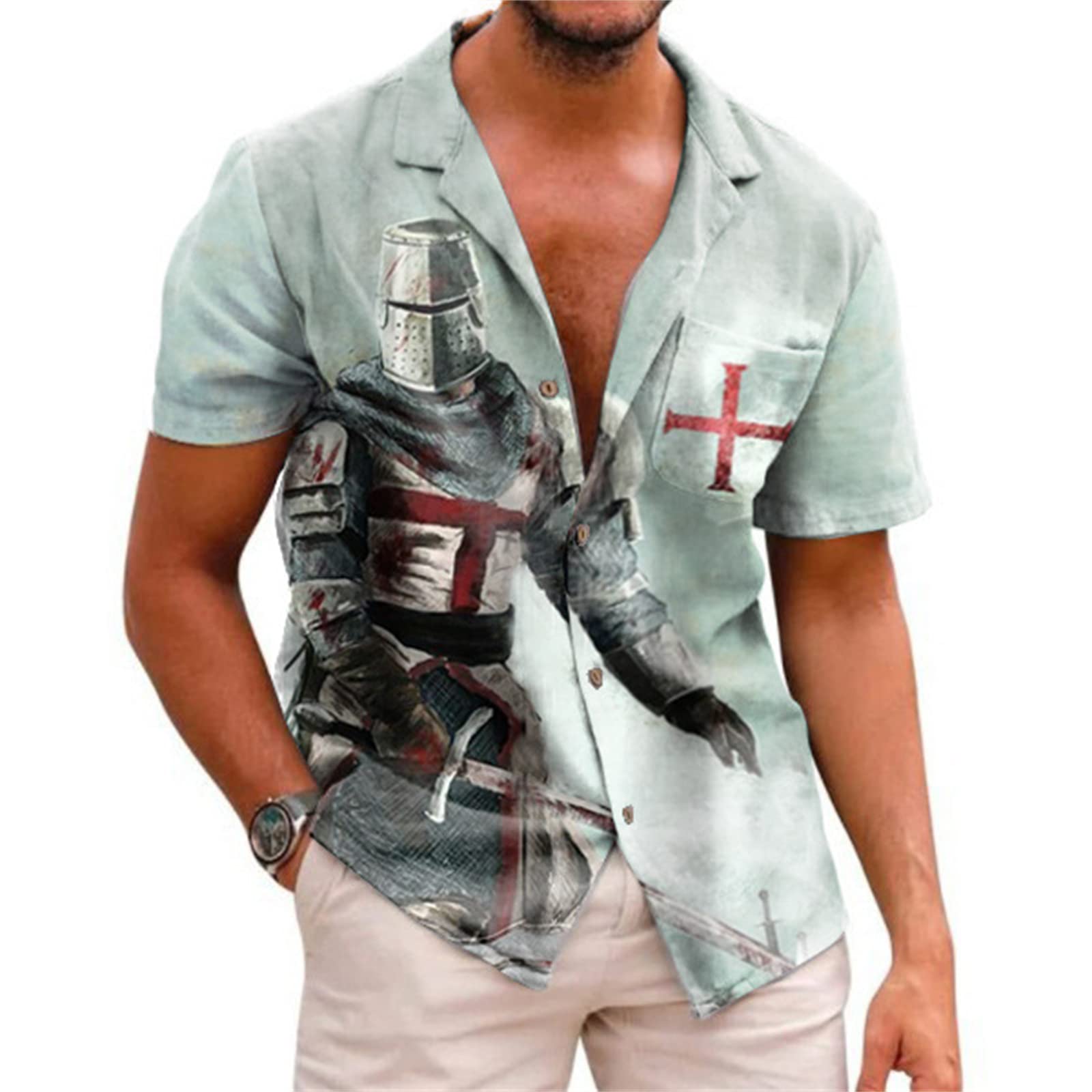 Kewing Men's # 2 Knight Templar Shirt Short Sleeve Button Down Hawaiian Shirts Beach Party Holiday Shirt