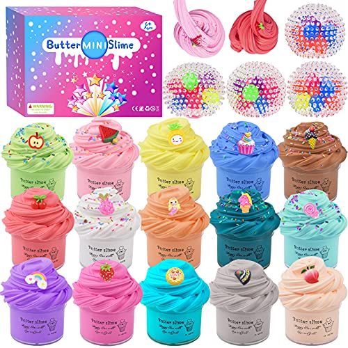 Upgraded DIY Butter Slime Kit - 15 Pack Slime Butter Kit & 4 Pack Stress Relief Balls, with Unicorn, Fruits Slime Charms, Super Soft and Non-Sticky, Favors Stress Relief Toy for Girls Boys