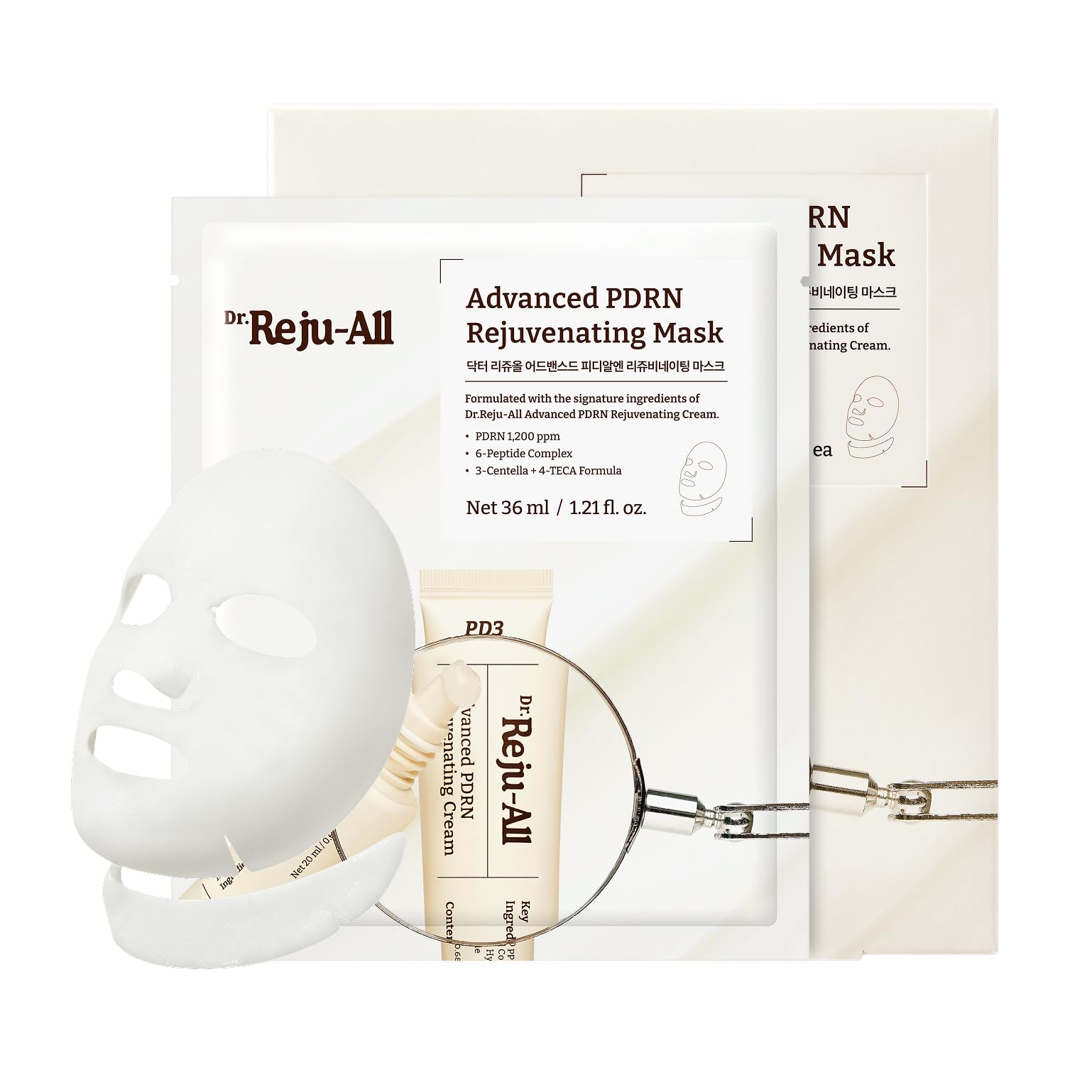 Dr. Reju-All Advanced PDRN Rejuvenating Mask - Face & Neck Korean Sheet Mask with 1,200 ppm PDRN, Collagen & Copper Peptides - Hydrating & Soothing, Skin Repair (36g x 4EA) - 2