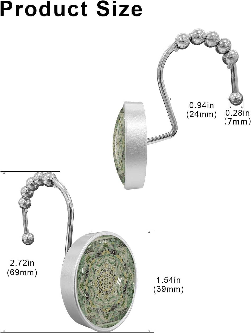 Turkish Pattern Shower Curtain Hooks, Medieval Vintage Mural Wallpaper 12PCS Shower Curtain Hooks Rings for Bathroom Stainless Steel Rust Resistant Shower Curtain Hangers