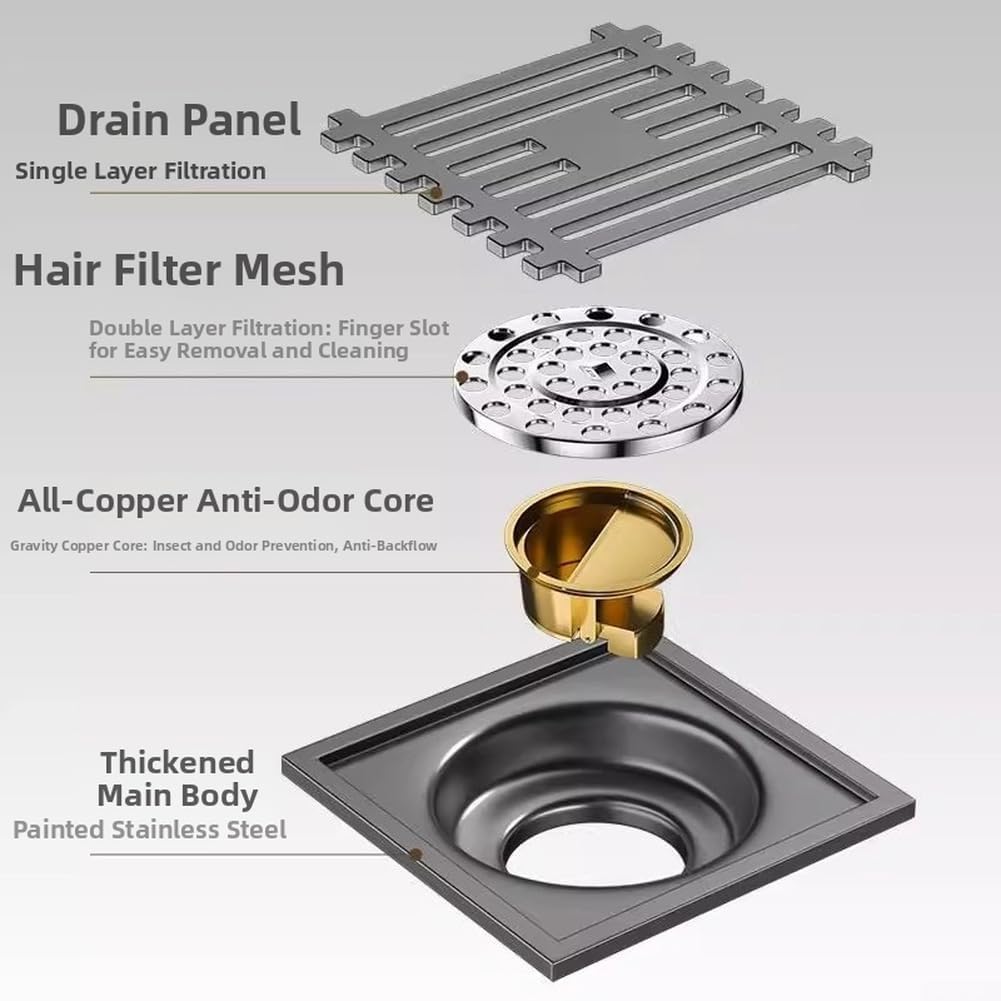 Scarico a pavimento in acciaio inox con anima in rame, controllo automatico e filtro detriti per doccia bagno, grigio, 10 x 10 cm (5)