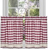Woven Trends Farmhouse Curtains Kitchen Décor, Buffalo Plaid Valance, Classic Country Plaid Gingham Checkered Design, Farmhouse Décor, Window Curtain Treatments (Burgundy, 36' Tier Pair)