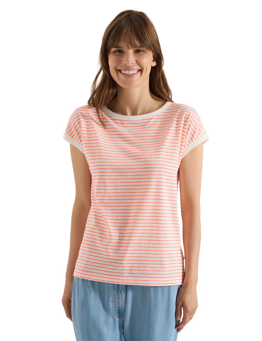 Cecil Women's 3230406 T-Shirt with Boat Neck and Stripes (Pack of 1), Coral, L