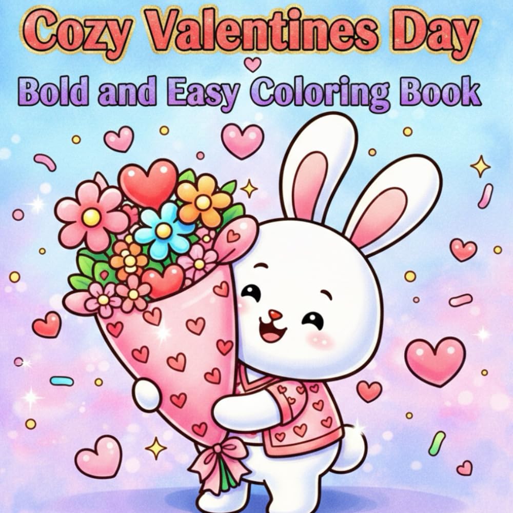 Cozy Valentines Day: Bold And Easy Coloring Book for Adults & Kids , Simple, Cute Illustrations