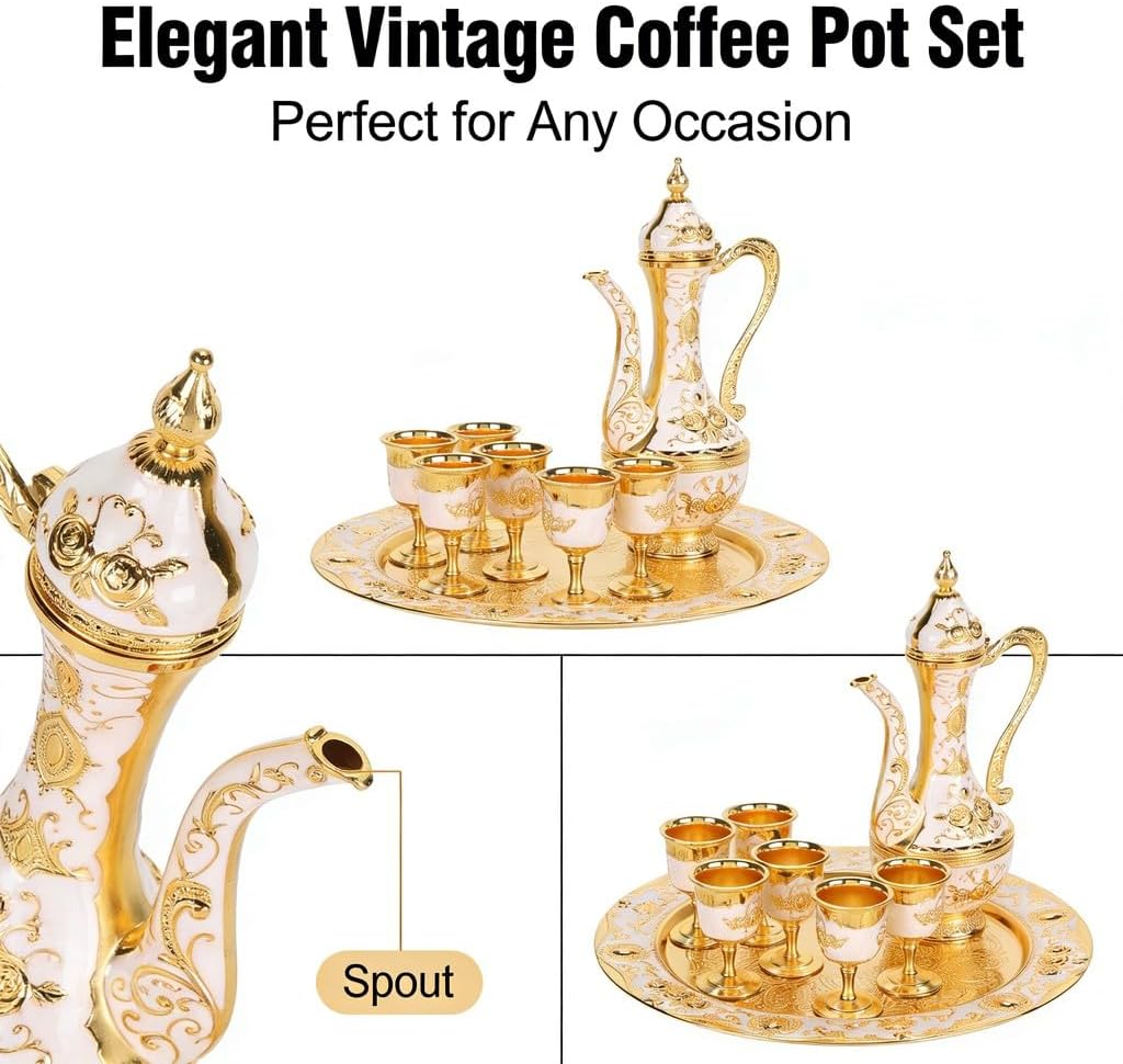 Vintage Coffee Pot Set, Multipurpose Metal Tea Pot Cups Set, Zinc Alloy, 6 Cups and 1 Tray - Retro Luxury Style, Durable Rust - Material, Ideal for Home and Wedding Gif (Gold White)