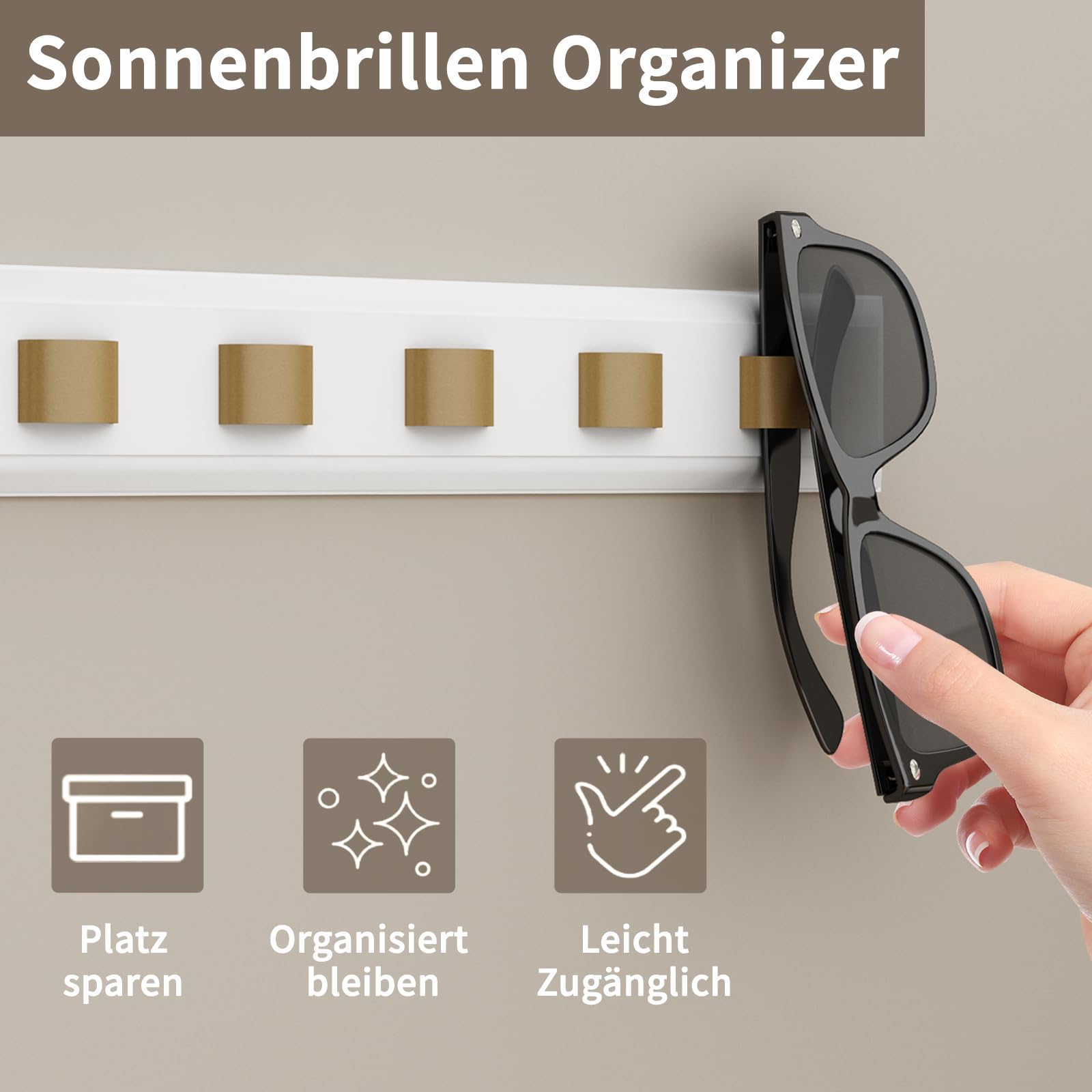 Porte-Lunettes Mural HZE - 3 Supports En Bambou - Rangement Pour Lunettes De Soleil - Gris