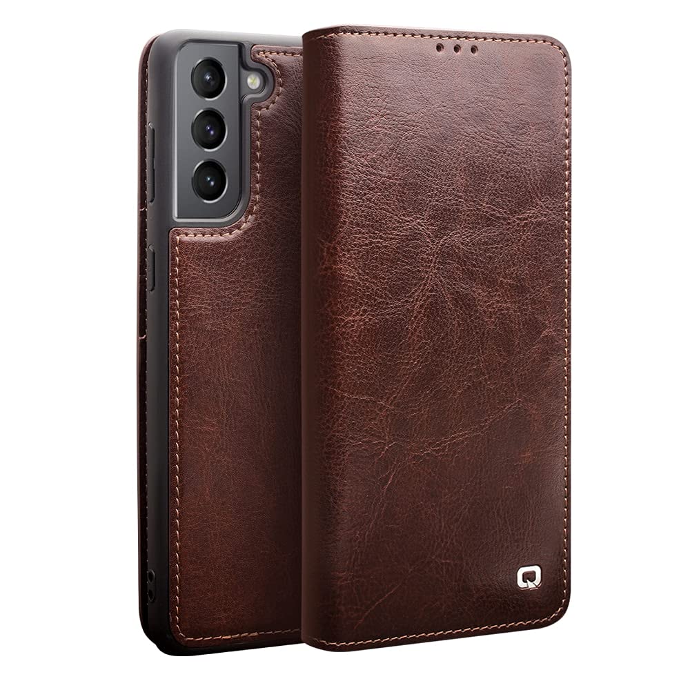 QIALINO Galaxy S21+ Case, Slim Folio Flip S21 Plus Wallet Case Genuine Leather Bracket Function Cover with Card Slot for Samsung S21+ Unlocked Phone, Brown,6.7 inch