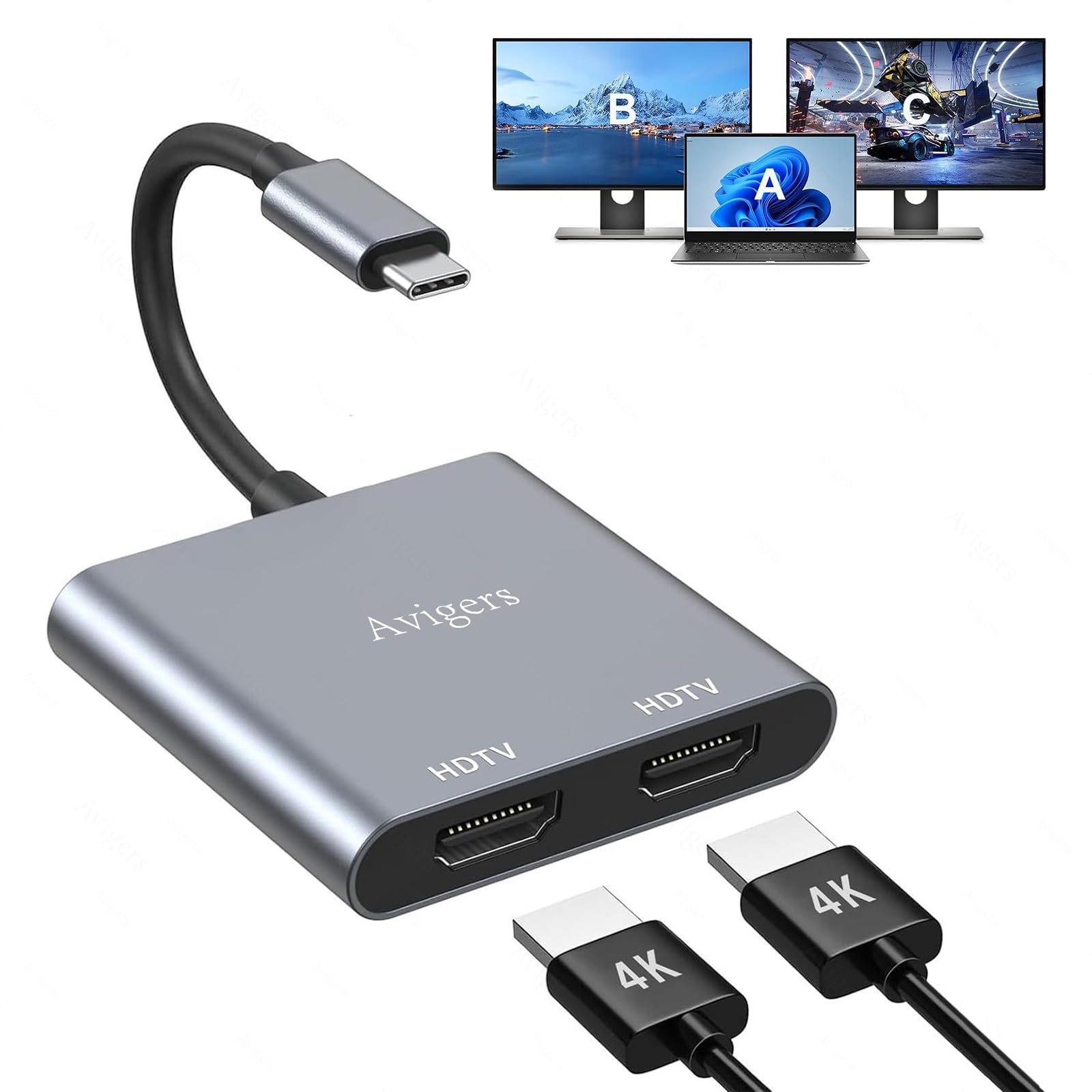 Photo 1 of (2 in 1) USB C to Dual Hdmi Adapter for 2 Monitors, (MST is not Support on MacOS, MacOS Allows Monitor Display 2 Separate Screens, Windows Allows Monitor Display 3 Separate Screens)