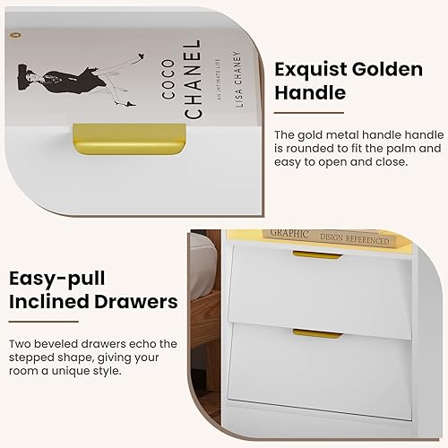 Miniatura 7 de EPHEX Juego de 2 mesitas de noche con estación de carga y luces LED mesa auxiliar moderna con 2 cajones inclinados y almacenamiento abierto gran