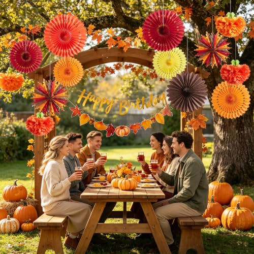 Image of SUNBEAUTY Fall Party Decorations Orange Birthday Decorations Hanging Paper Fan Pumpkins Paper Pom poms Maple Leaves Happy Birthday Banner for Thanksgiving Autumn Harvest Classroom Office Party