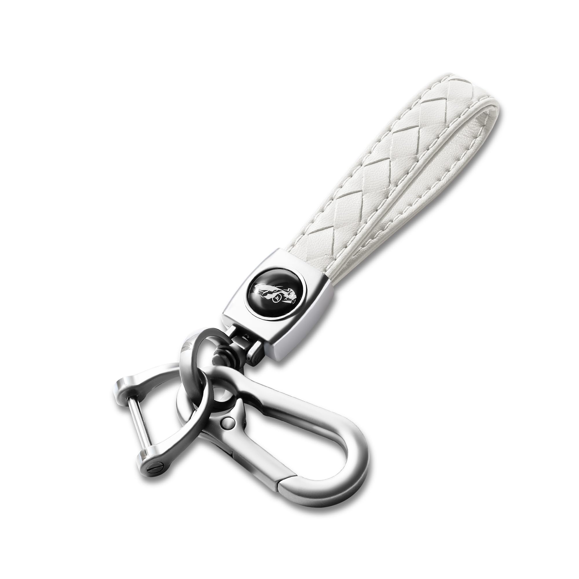 Gkeygo Carabiner Keychain, Universal Heavy Duty Woven Handmade Leather Key Chain, Car Fob Key Keychains with 360 Degree Rotatable Snap Swivel and Anti-Lost D-Ring for Men and Women, Silver - White