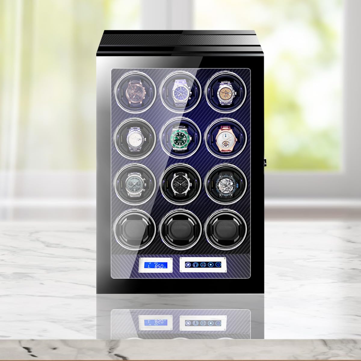 Uhrenbeweger 12 Automatikuhren, ultra-leise japanische Motoren, integrierte LED-Beleuchtung und LCD-Touchscreen-Steuerung