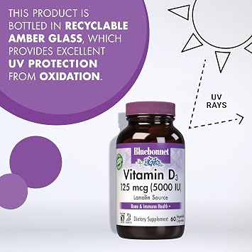 Bluebonnet Vitamin D3 5000 IU 125 mcg - Strong Bones & Immune Support Supplement for Women & Men* Soy-Free, Gluten-Free, Non-GMO, Vegetarian - Highly Absorbable Vitamin D - 120 Veggie Capsules