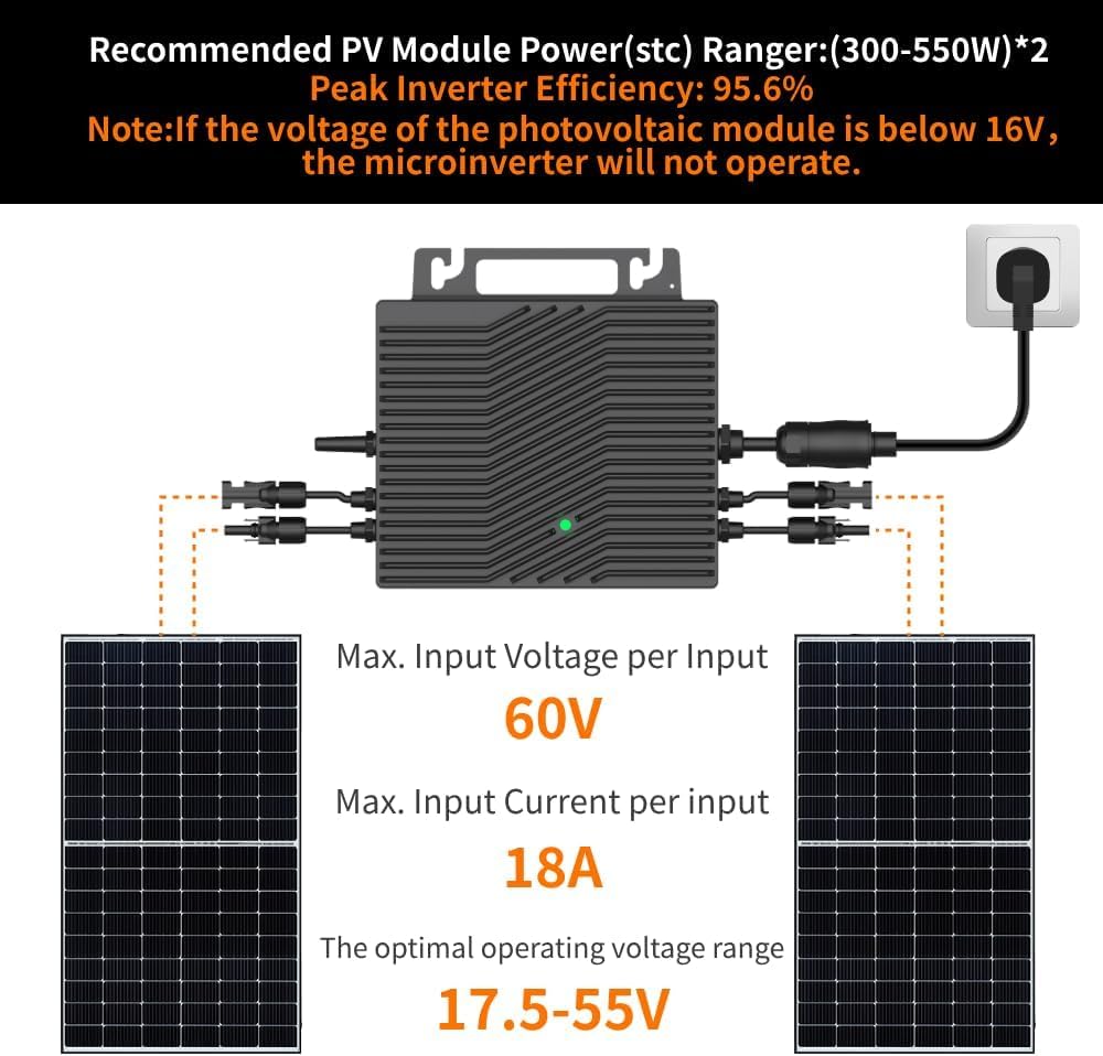 VN2T08 800W Microinversor Conectado a la Red, Doble MPPT 16–60V CC, Control de la aplicación Mediante Wi-Fi, certificación EN de Red, Plug & Play, IP67, Ideal para Sistemas solares de balcón