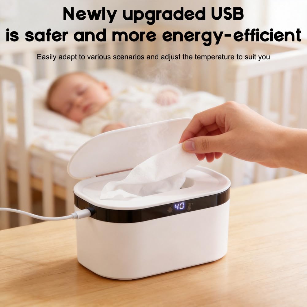 Feuchttuch Wärmer, Feuchttuchwärmer mit 3 Heizstufen und LED Nachtlicht, Baby Wischtuchwärmer für 120 Tücher, USB, Konstanttemperatur, Schnell Erwärmender Wipes Wärmer für Zuhause Unterwegs