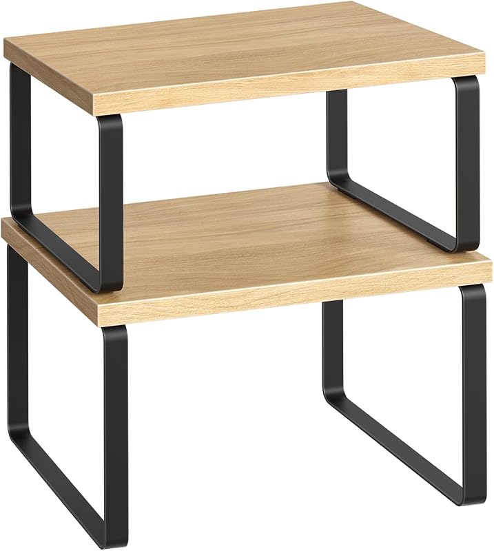 HOOBRO Estante Organizador de Gabinete, Juego de 2, Organizador de Encimera de Cocina, Estante de Encimera de Cocina, Especiero para Mostrador, Apilable, Ampliable para Gabinete, Cocina, Natural y Negro BN33TL01
