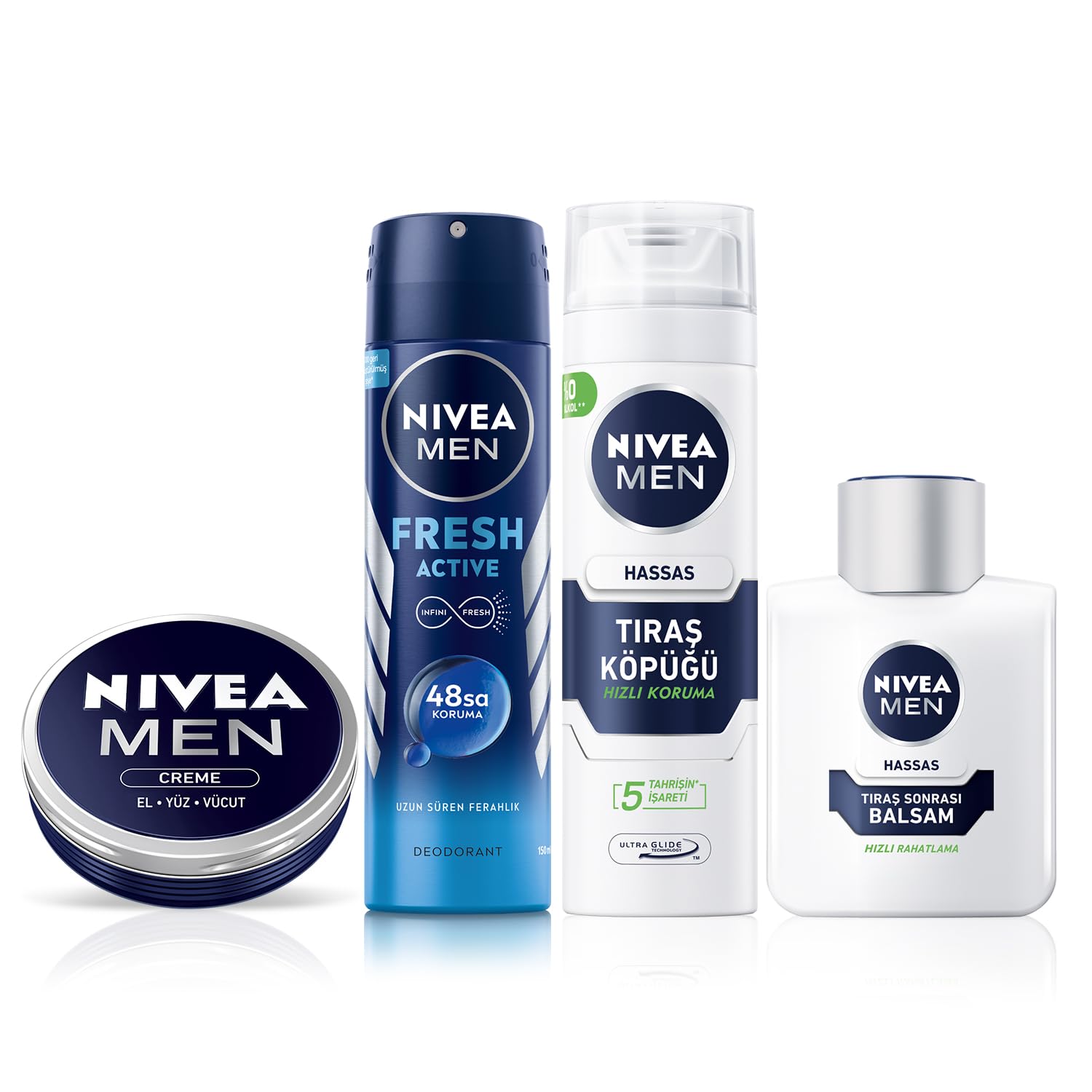 NIVEA MEN Erkek Hassas Tıraş Köpüğü 200 ml + Hassas Tıraş Sonrası Balsam Hassas 100 ml + Sprey Deodorant Fresh Active 150 ml + Bakım Kremi 75 ml
