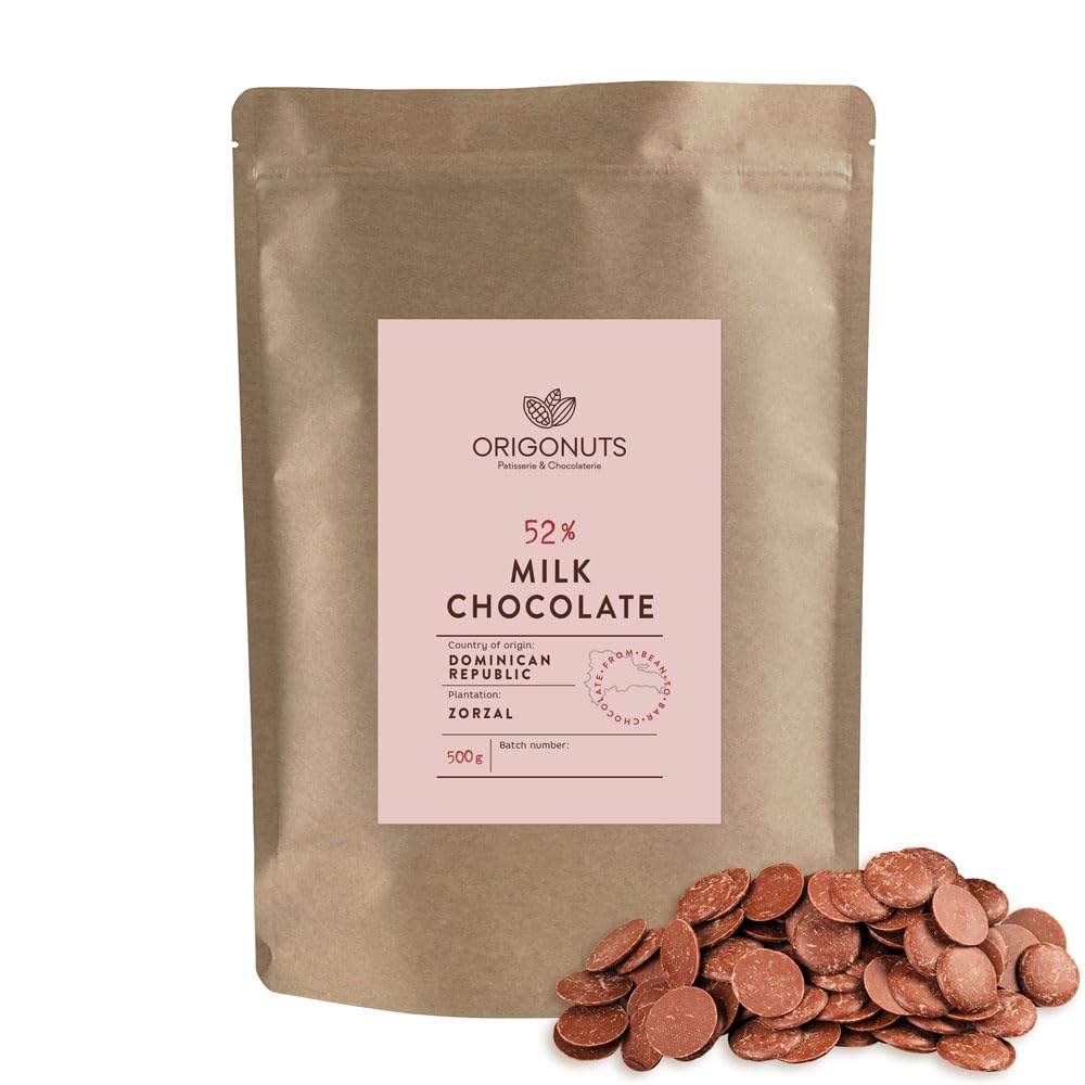 ORIGONUTS, Pepites de Chocolat au Lait à Fondre - Facile à Doser et à Dissoudre - Base pour Gâteau, Creme, Dessertes, Glace, Patisserie - Chocolat de Dubai - Dominicaine 52%, 500g