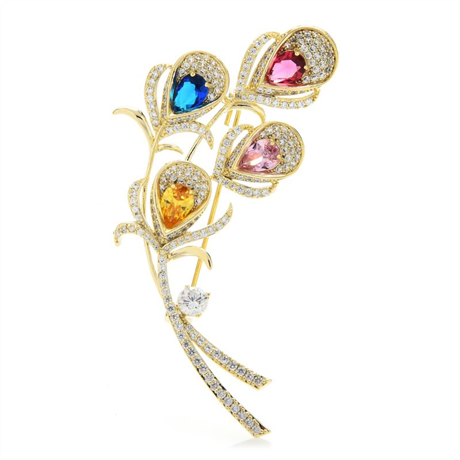 RWRAPS Damen-Brosche, Damenmode-Accessoires, Damen-Elegante Luxus-Feder-Brosche, Zirkonia, Blumen-Hochzeitsbankett-Brosche, Brosche, Exquisite Broschen (Metallfarbe: Grün) (Mehrfarbig)