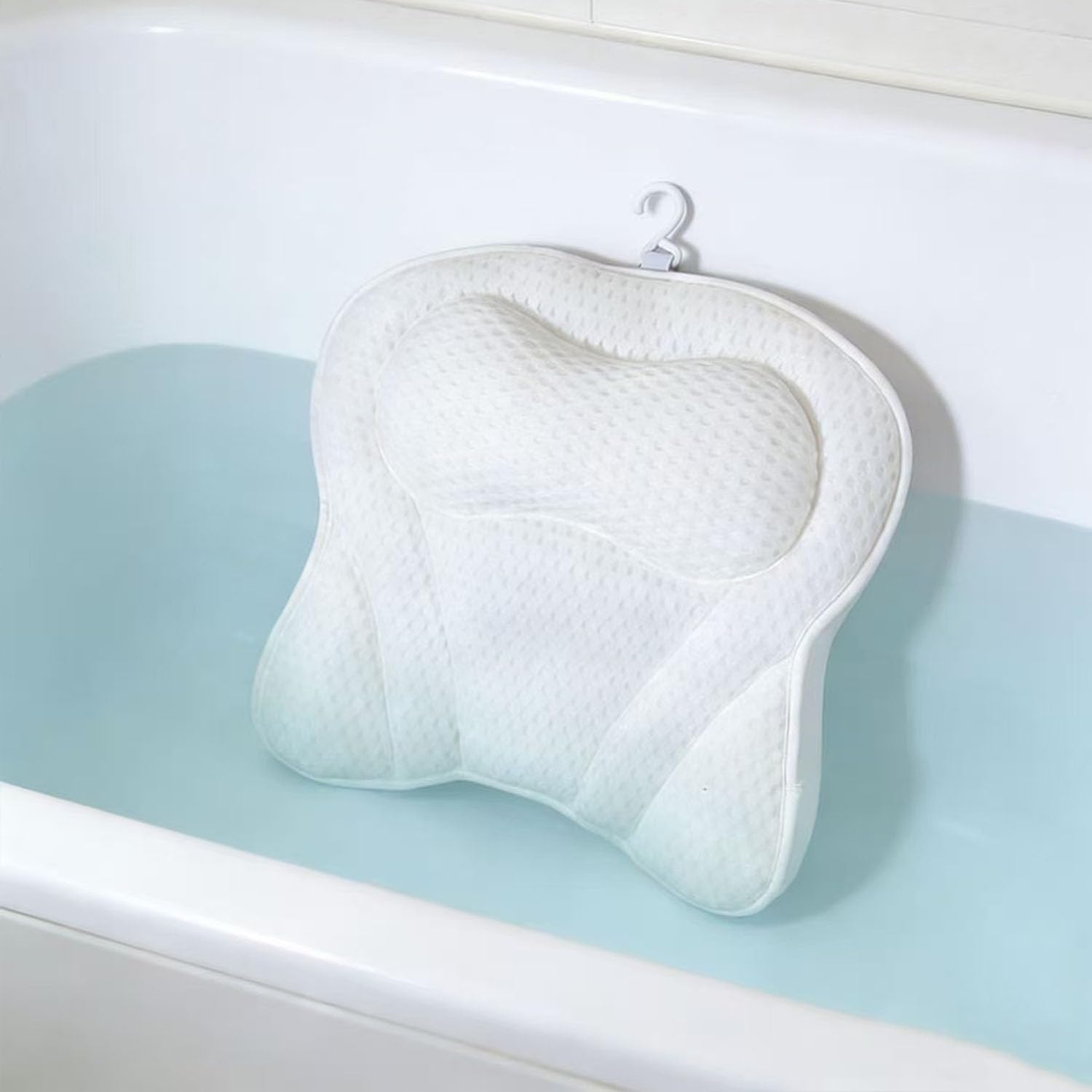 Bath Pillow Cushion Ergonomic pillow with 4D Air Mesh Technology and 6 Suction Cups Support Head Neck Back Shoulder Non-slip for Home Spa Hot Tub Jacuzzi (white)