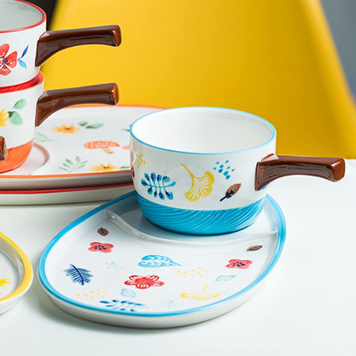 Henkel Suppentasse Suppenschüssel Keramik-Cremesuppenschüsseln und -Untertassen, Teller- und Schüssel-Set for 1 Person, Frühstücksschüsseln mit Crackerhalter.-rot(Blue)