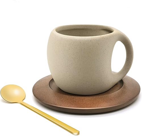 Juego de tazas de café de cerámica con platillo de madera natural y cuchara, tazas de té elegantes de 8.5 onzas para café con leche, té caliente,