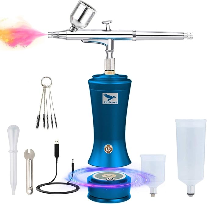Amazon 最新版 エアブラシ セット ダブルアクション 充電式 3塗料カップ付き ハンドピース コンプレッサー一体型 口径0 3mm 重力式 小型 軽量 簡単 Diy プラモデル塗装 エアポンプ工具 ペイント スプレー Karicora ブルー エアブラシ 通販