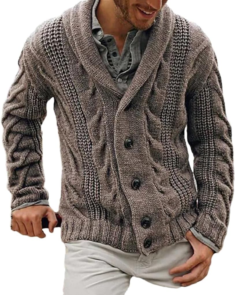 Men's Retro Collar Single Row Large Knitted Sweater Solid Color Casual Loose Knitted Cardigan Coat