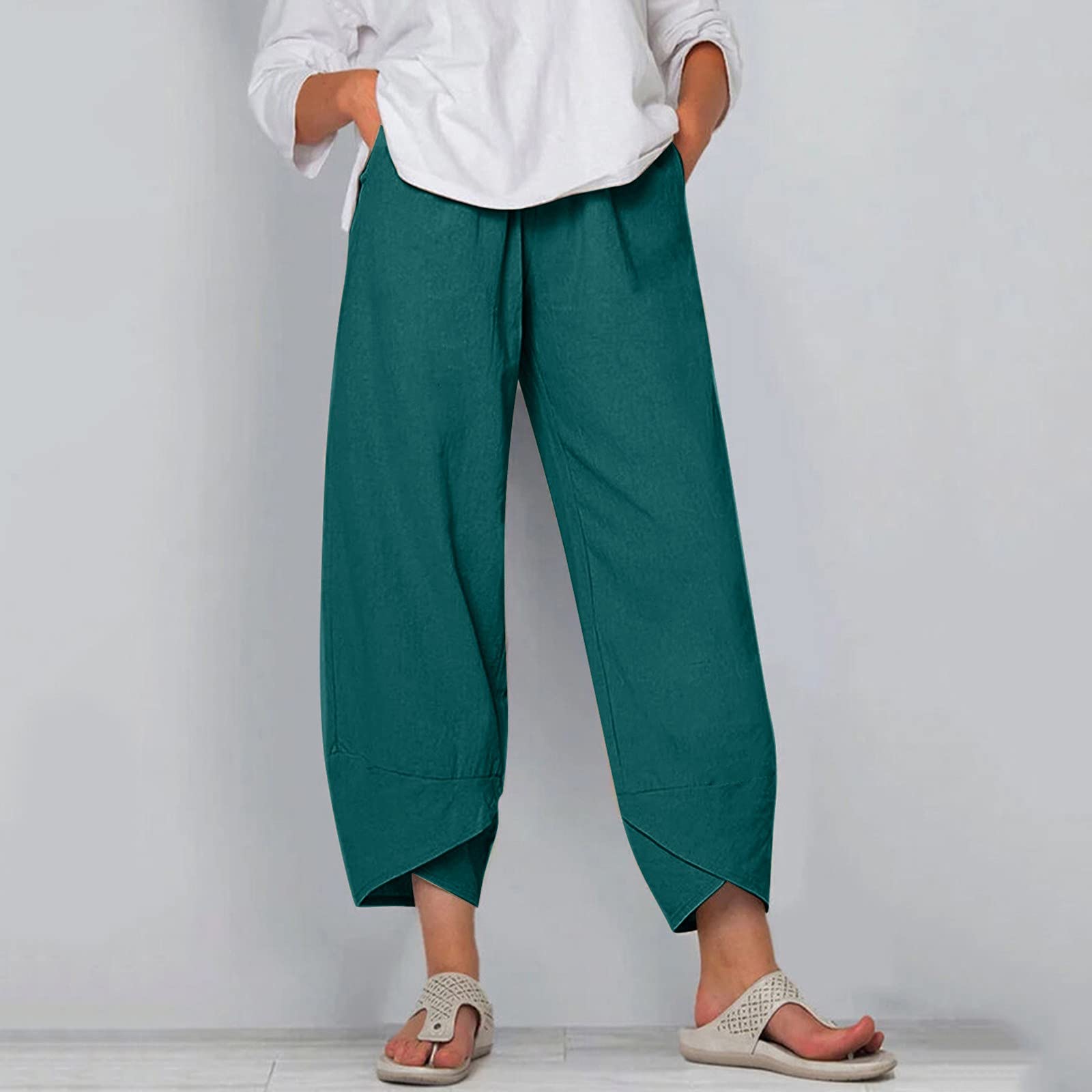 KPPONG Pantalon Femme Lin et Coton Léger Sport Jogging été Grandes Tailles Imprimer/Couleur Unie Pantalons D'entraînement Confortable Ample with Poches Coupe Large avec élastique S-5XL