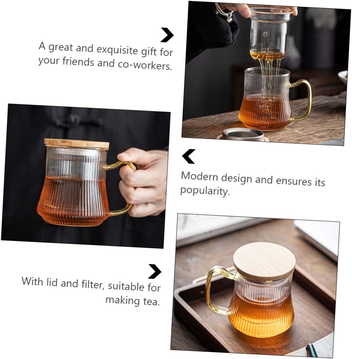 Cup Set Lid Filter 301-400ml Glass Tea Cup Sturdy and Safety for Cold/hot Tea Present for Friends and Coworkers