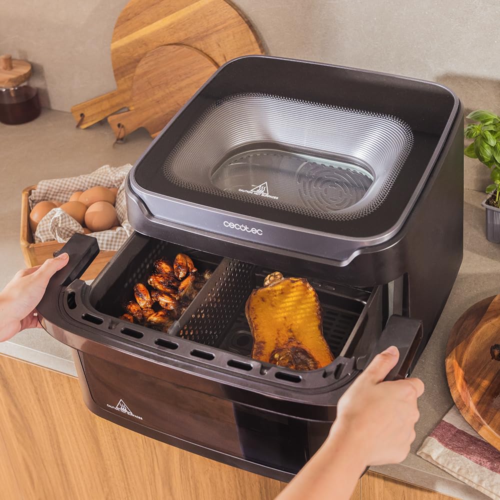 Cecotec Bezolejowa frytkownica powietrzna - Air Fryer 10L Cecofry Advance 10000 Full Vision. 2200W, ścianka działowa, 12 menu, okno przednie, żelazko do pizzy, Temp 40-200ºC, uchwyt na zimno dotyk