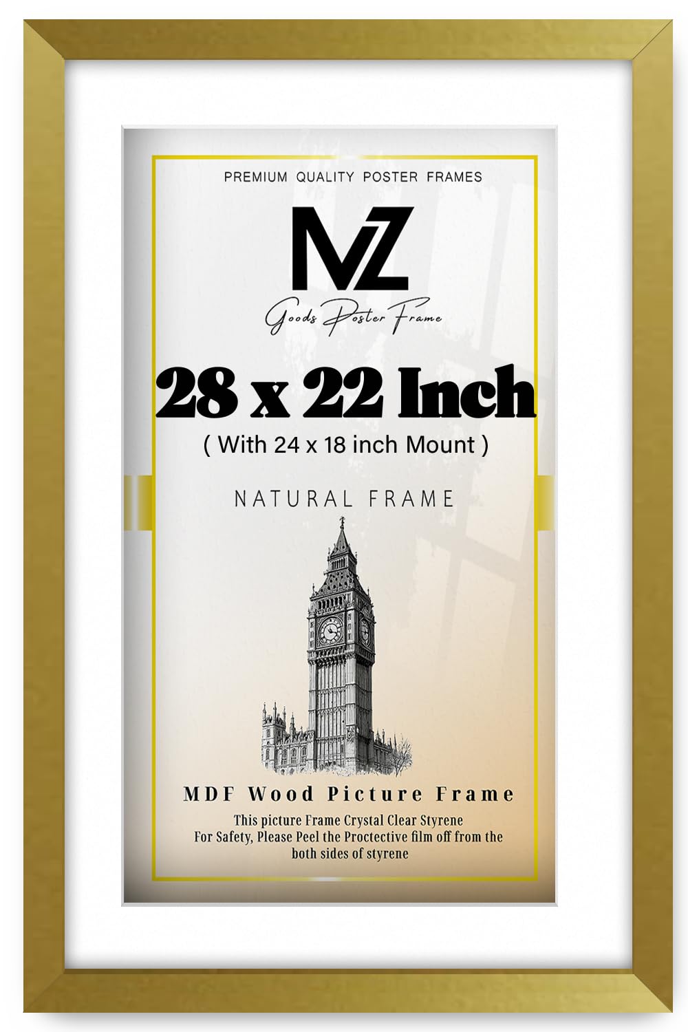 MZ GOODS | MDF Luxury Picture Frame (60.96 x 45.72 cm) with 45.72 x 30.48 cm White Mount Modern Wall Hanging | 16" x 24" Painting, Poster, Decorative Frame [ Gold ]