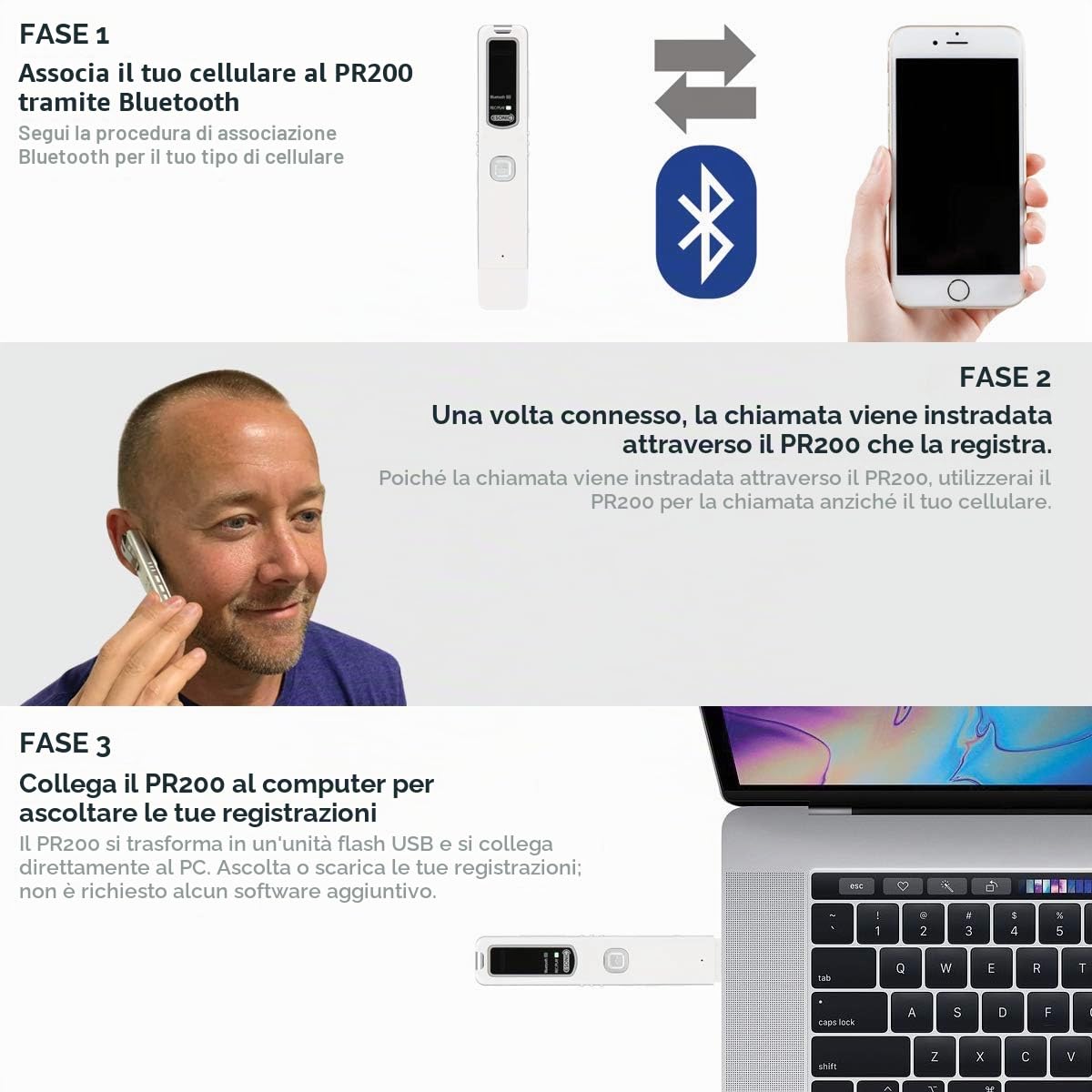 PR200, dispositivo di registrazione Bluetooth, per registrare chiamate, riunioni e note vocali, compatibile con iPhone e Android