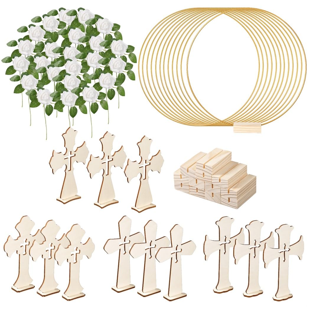 Kit de décoration de table de baptême 48 pièces, comprenant 12 croix en bois, 12 cerceaux floraux en métal et 24 roses en mousse, idéal pour les mariages et les fêtes de baptême
