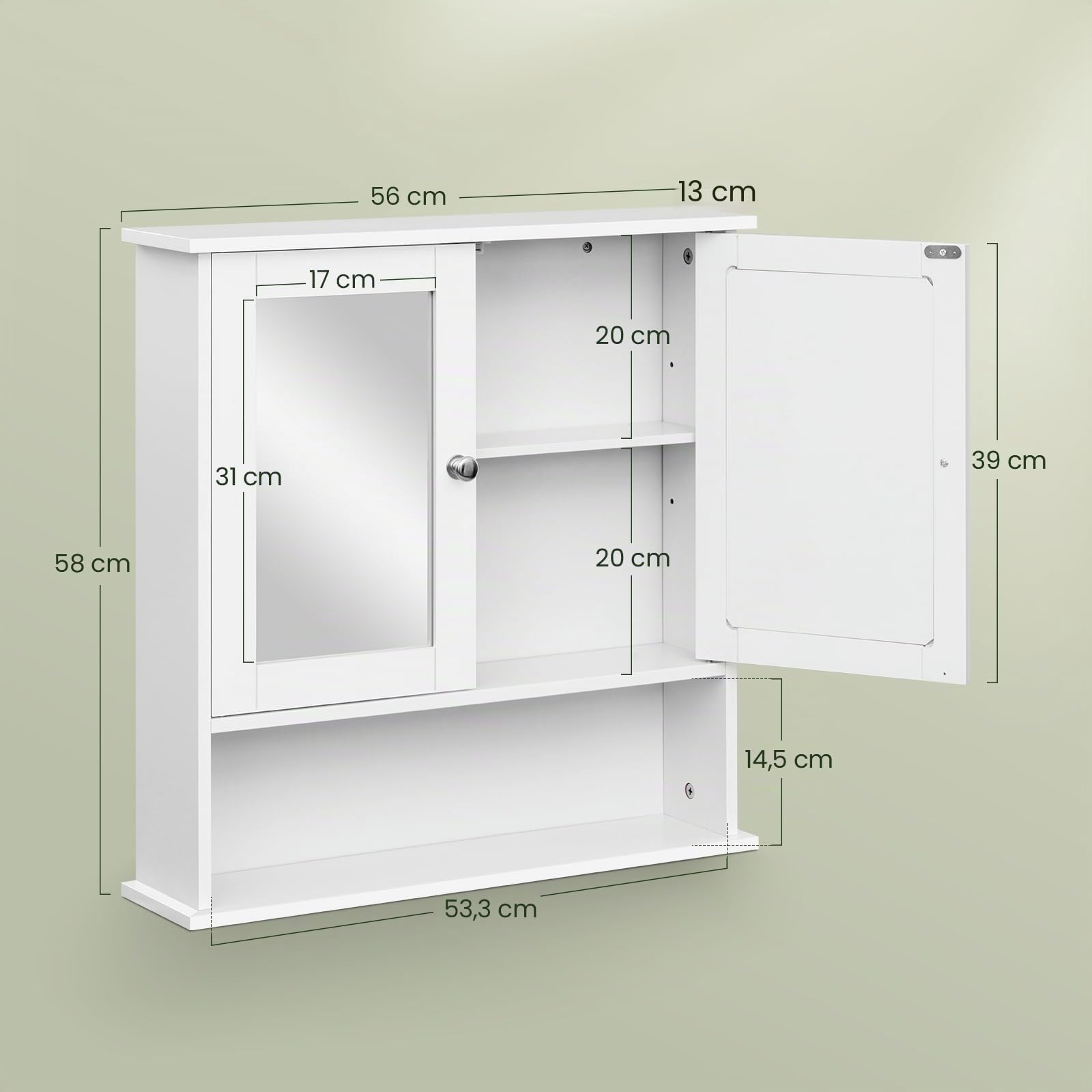 EUGAD Mobiletto Pensile da Bagno con Specchio Salvaspazio Armadietto da Lavabo con Due Porte 56 * 13.5 * 58.5cm Bianco