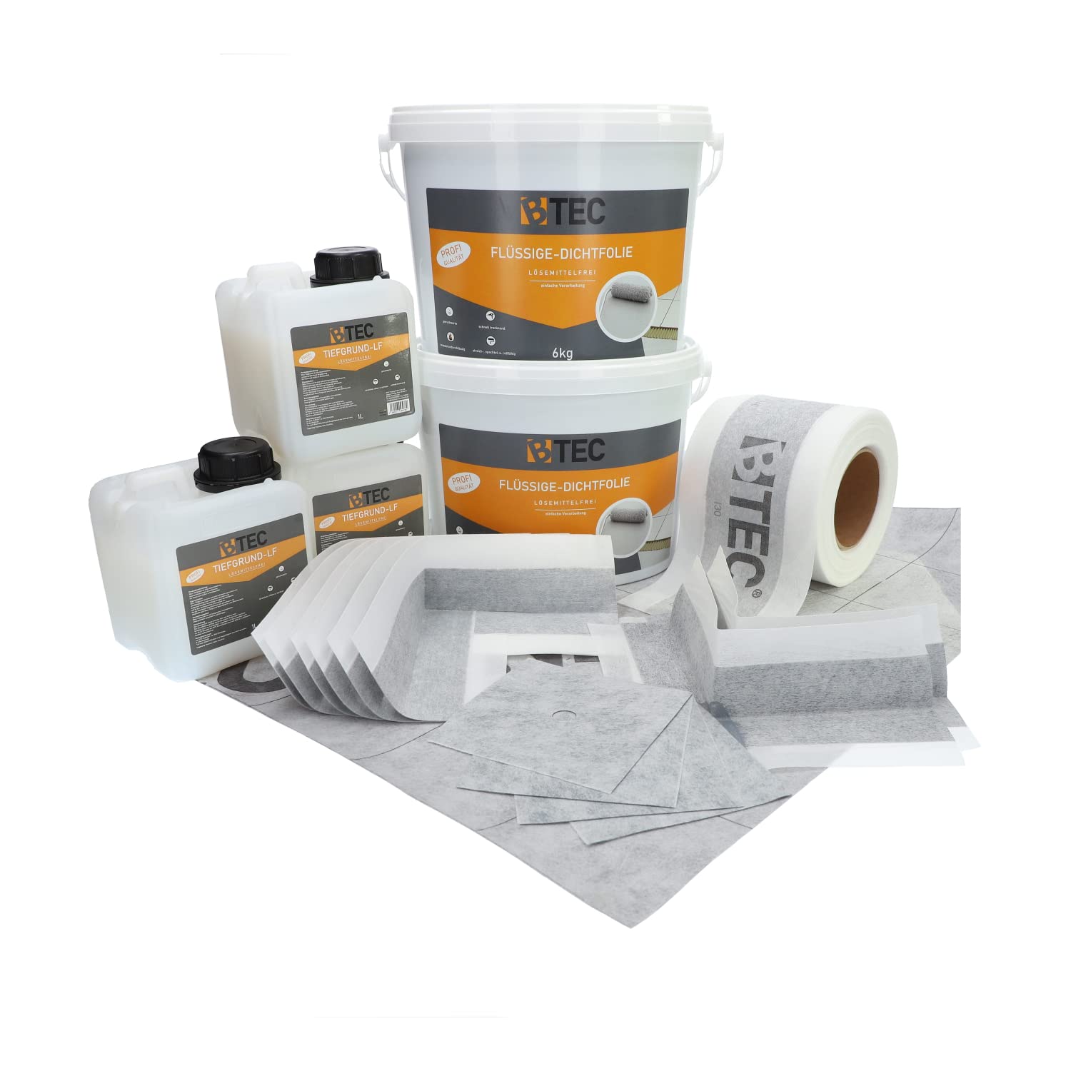 BTEC Dicht-Set 5C Dichtmaterial Innen-/Außenecken Manschetten | 15m² Abdichtungsbahn 12kg Flüssigdichtfolie 20m Dichtband kleines Bad Standard Verbundabdichtung Innenbereich